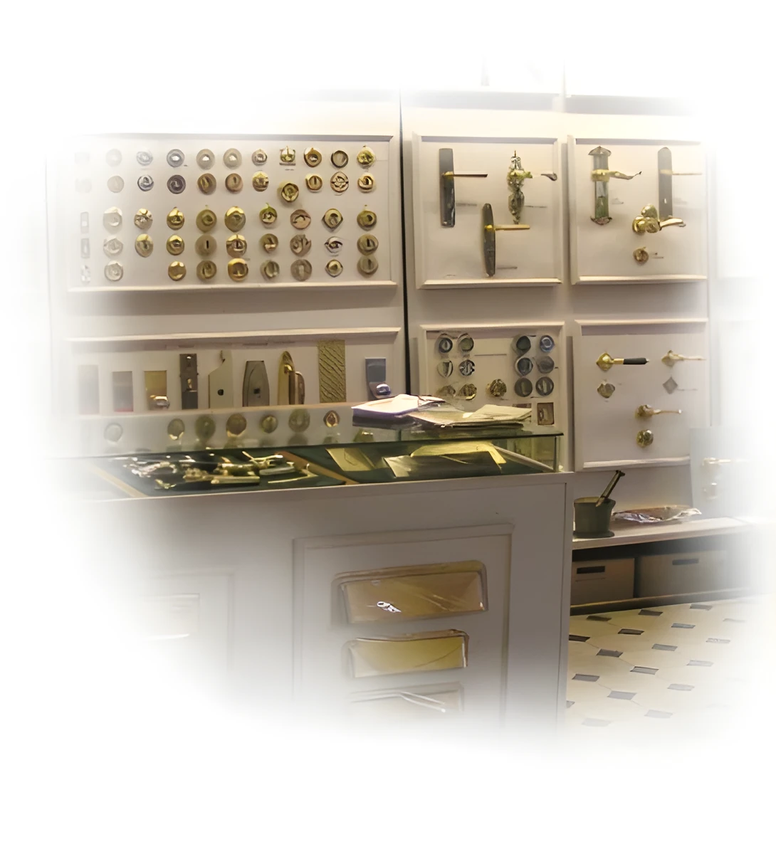 Übersicht der Messing Beschläge im Schaukasten